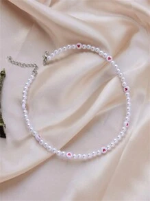 ROMWE 愛心圖案珍珠串珠項鍊 - 白色 - 查看 2