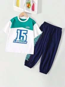 Boys Letter Graphic Colorblock Tee & Sweatpants Set