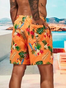 Manfinity Swimmode 男士熱帶圖案字母補丁細節腰部抽繩泳褲 - 橘色 - 查看 2
