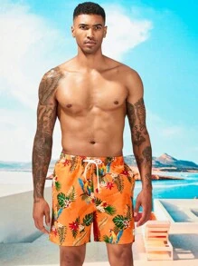 Manfinity Swimmode 男士熱帶圖案字母補丁細節腰部抽繩泳褲 - 橘色 - 查看 5