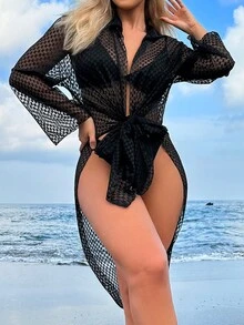 素色前打結和服罩衫 - 黑色 - 查看 4