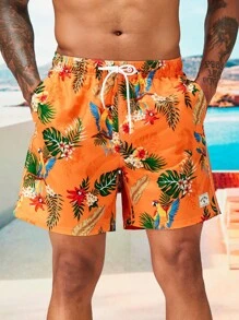 Manfinity Swimmode 男士熱帶圖案字母補丁細節腰部抽繩泳褲 - 橘色 - 查看 6