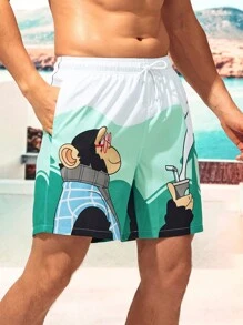 Surfspeed Men Cartoon Graphic Drawstring Waist Swim Trunks - Multicolor - View 4