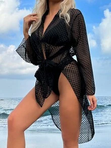 素色前打結和服罩衫 - 黑色 - 查看 5