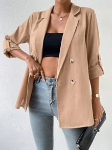 SHEIN Privé Áo khoác  âu phục nữ Nút đôi màu trơn Giải trí - Màu Khaki - Xem 1