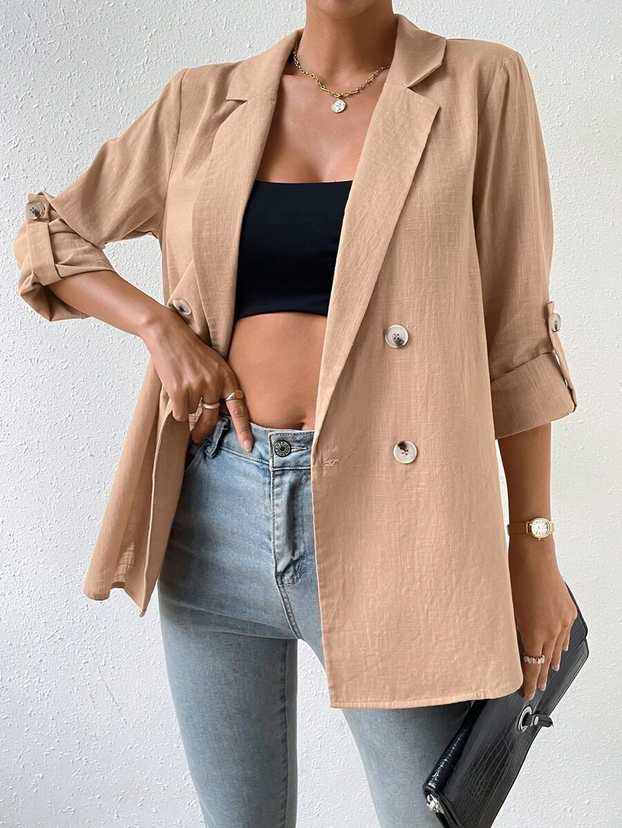 SHEIN Privé Áo khoác âu phục nữ Nút đôi màu trơn Giải trí - Màu Khaki - Xem 1
