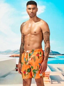 Manfinity Swimmode 男士熱帶圖案字母補丁細節腰部抽繩泳褲 - 橘色 - 查看 7