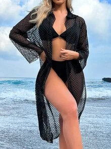 素色前打結和服罩衫 - 黑色 - 查看 6