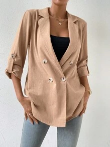 SHEIN Privé Áo khoác  âu phục nữ Nút đôi màu trơn Giải trí - Màu Khaki - Xem 3