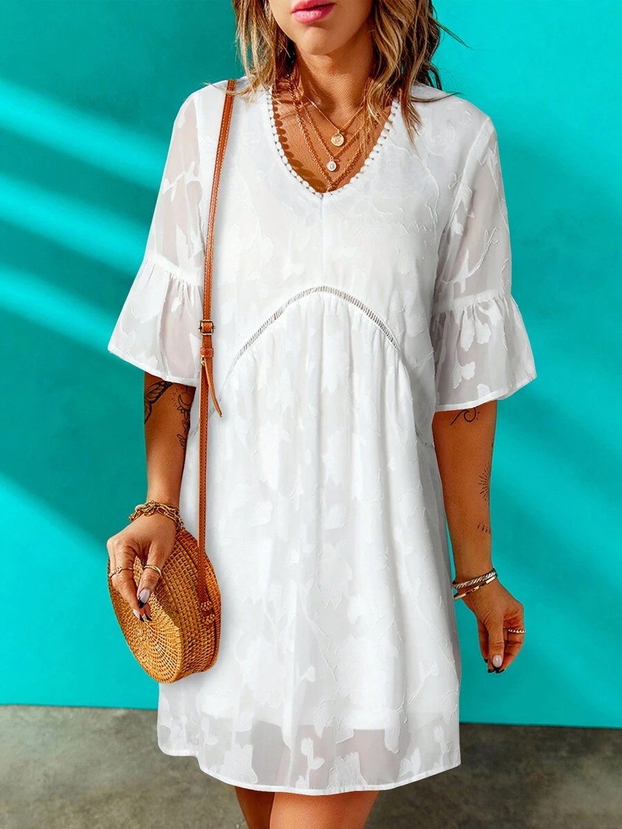 Jacquard Flounce Sleeve Smock Dress - White - View 1