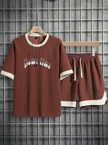Aesthetic Post--Men Letter Graphic Contrast Trim Tee & Drawstring Waist Shorts - Coffee Brown - View 1