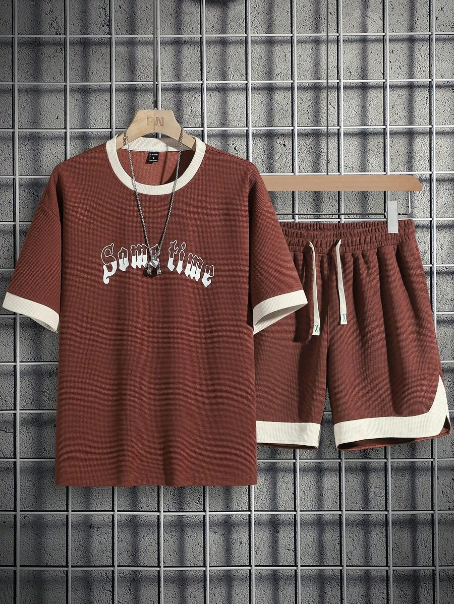 Aesthetic Post--Men Letter Graphic Contrast Trim Tee & Drawstring Waist Shorts - Coffee Brown - View 1