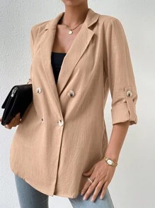 SHEIN Privé Áo khoác  âu phục nữ Nút đôi màu trơn Giải trí - Màu Khaki - Xem 4