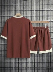 Aesthetic Post--Men Letter Graphic Contrast Trim Tee & Drawstring Waist Shorts - Coffee Brown - View 2