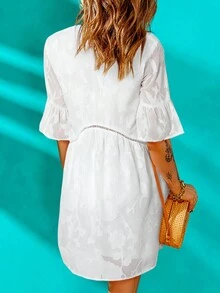 Jacquard Flounce Sleeve Smock Dress - White - View 2