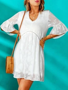 Jacquard Flounce Sleeve Smock Dress - White - View 3
