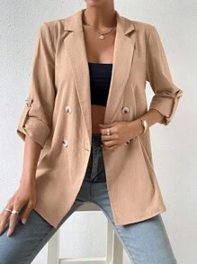 SHEIN Privé Áo khoác  âu phục nữ Nút đôi màu trơn Giải trí - Màu Khaki - Xem 5