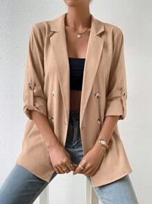 SHEIN Privé Áo khoác  âu phục nữ Nút đôi màu trơn Giải trí - Màu Khaki - Xem 6
