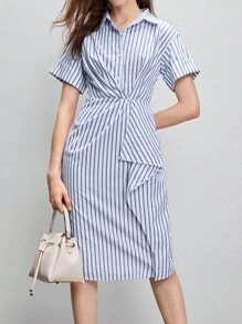 SHEIN BIZwear 條紋印花前垂褶襯衫連衣裙 - 藍白色 - 查看 1
