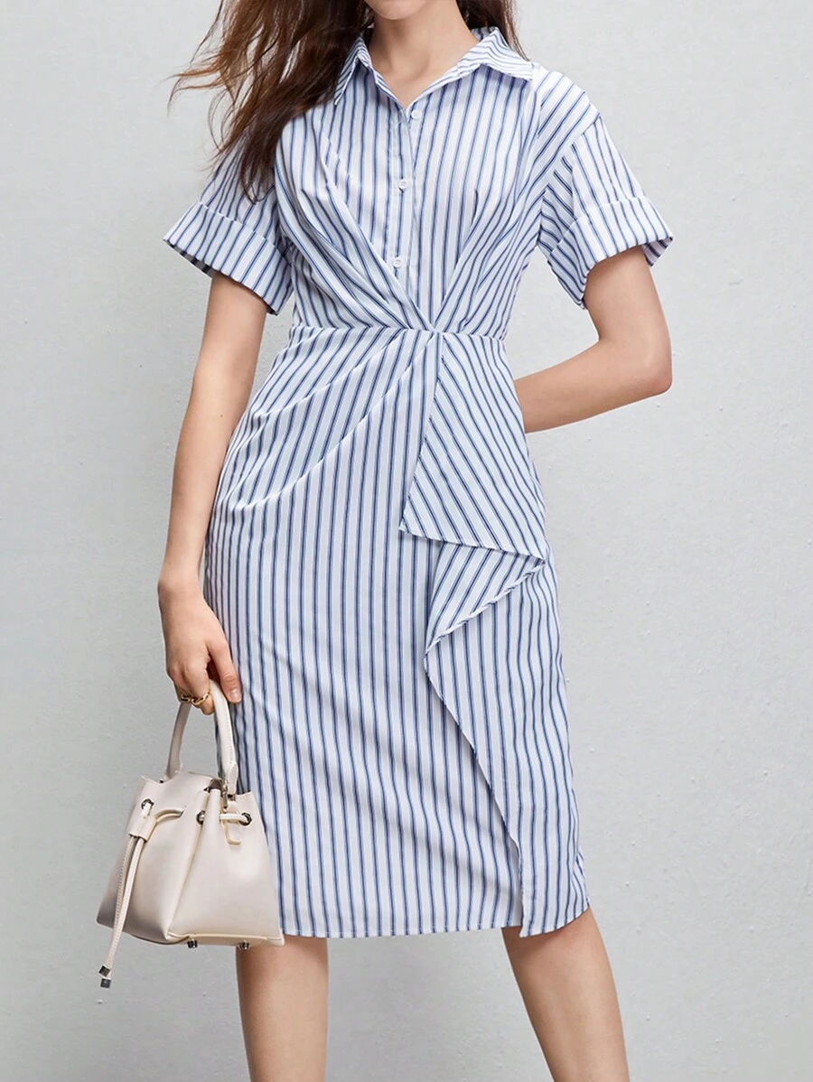 SHEIN BIZwear 條紋印花前垂褶襯衫連衣裙 - 藍白色 - 查看 1