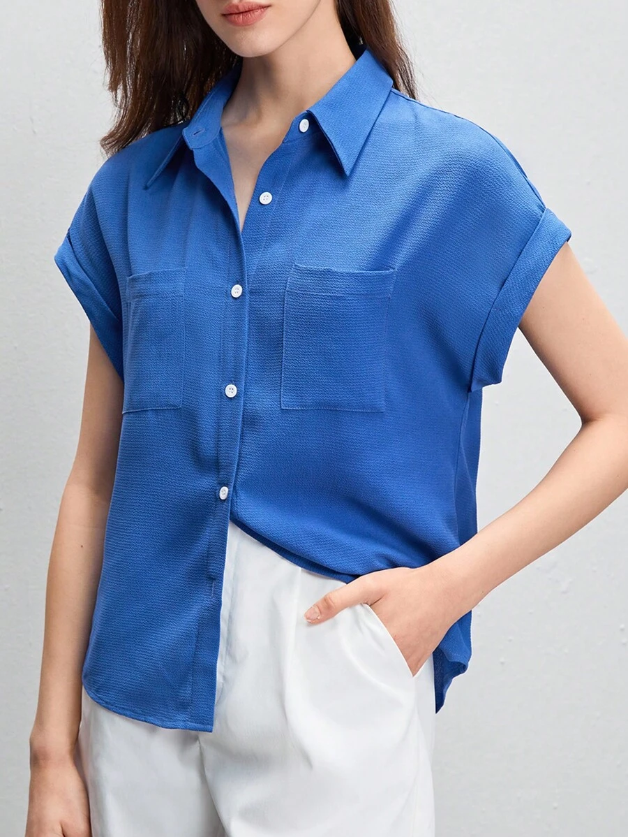 BizChic Áo sơ mi nữ Túi Nút phía trước màu trơn Giải trí - Màu xanh lam - Xem 1