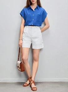 BizChic Áo sơ mi nữ Túi Nút phía trước màu trơn Giải trí - Màu xanh lam - Xem 4