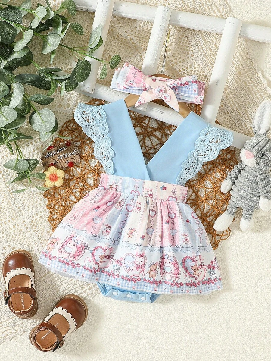 女嬰卡通圖案鏤空蕾絲花邊拼接連體衣連衣裙＆ 頭巾 - 彩色 - 查看 1