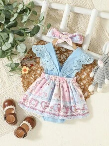 女嬰卡通圖案鏤空蕾絲花邊拼接連體衣連衣裙＆ 頭巾 - 彩色 - 查看 2