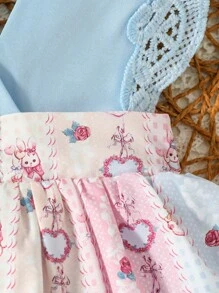 女嬰卡通圖案鏤空蕾絲花邊拼接連體衣連衣裙＆ 頭巾 - 彩色 - 查看 5