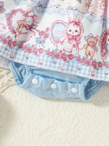 女嬰卡通圖案鏤空蕾絲花邊拼接連體衣連衣裙＆ 頭巾 - 彩色 - 查看 6