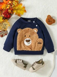 Baby Boy Bear Pattern Raglan Sleeve Sweatshirt - Navy Blue - View 1