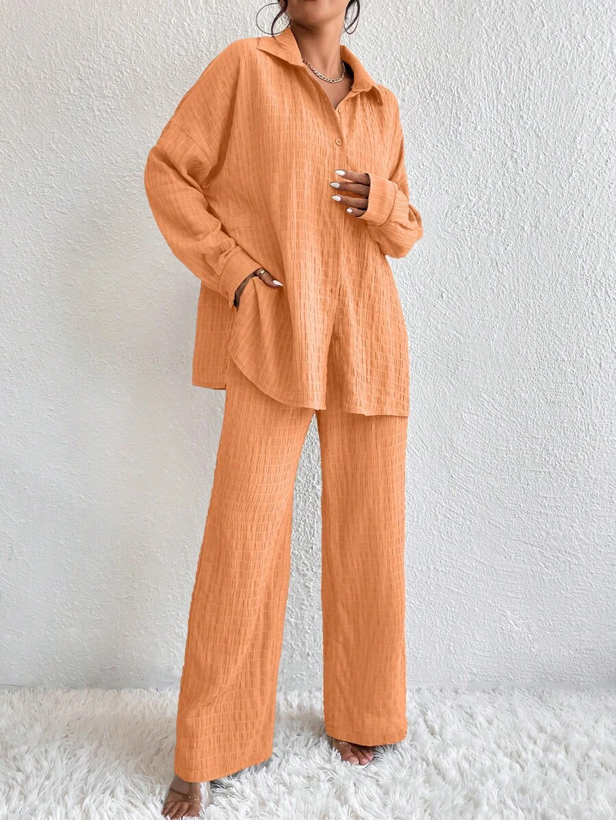 SHEIN Essnce Drop Shoulder Shirt & Wide Leg Pants - Coral Orange - View 1
