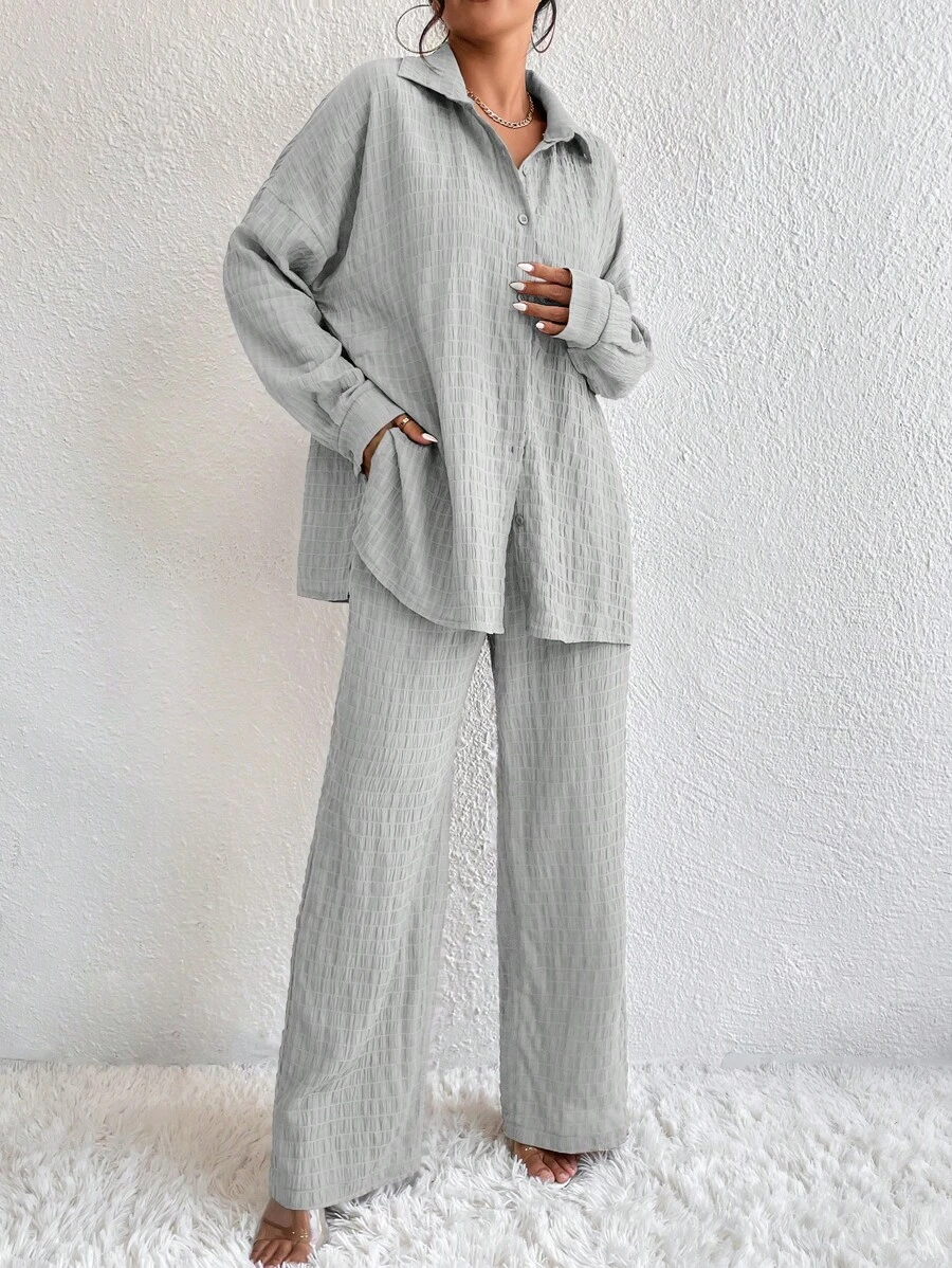 EMERY ROSE Drop Shoulder Shirt & Wide Leg Trousers - Light Grey - View 1