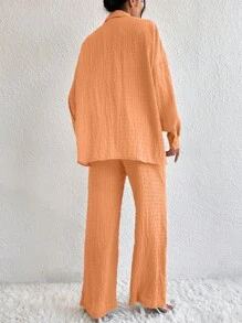 SHEIN Essnce Drop Shoulder Shirt & Wide Leg Pants - Coral Orange - View 2