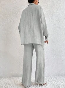 EMERY ROSE Drop Shoulder Shirt & Wide Leg Trousers - Light Grey - View 2