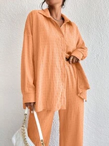 SHEIN Essnce Drop Shoulder Shirt & Wide Leg Pants - Coral Orange - View 3