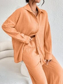 SHEIN Essnce Drop Shoulder Shirt & Wide Leg Pants - Coral Orange - View 4