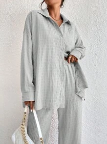 EMERY ROSE Drop Shoulder Shirt & Wide Leg Trousers - Light Grey - View 5