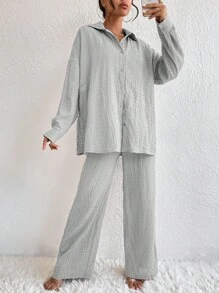 EMERY ROSE Drop Shoulder Shirt & Wide Leg Trousers - Light Grey - View 6