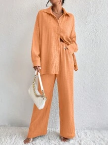 SHEIN Essnce Drop Shoulder Shirt & Wide Leg Pants - Coral Orange - View 6