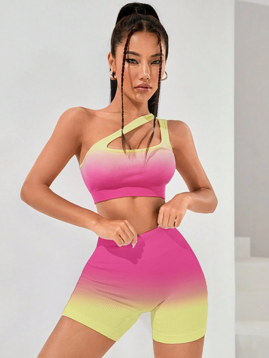 Easithlete Ombre One Shoulder Cut Out Sports Set - Multicolor - View 1