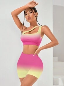 Easithlete Ombre One Shoulder Cut Out Sports Set - Multicolor - View 3