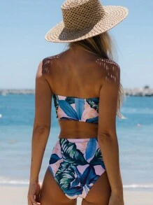 Tropical Print Bandeau Bikini Set For Summer Beach - Multicolor - View 2
