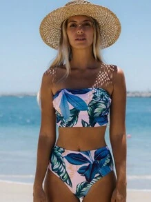 Tropical Print Bandeau Bikini Set For Summer Beach - Multicolor - View 4