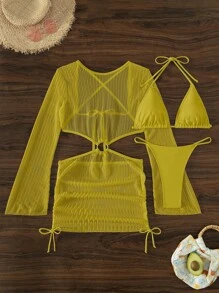 SHEIN Swim Summer Beach Ring Linked Bikini Set With Cover Up - Mustard Yellow - View 3