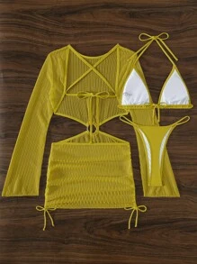 SHEIN Swim Summer Beach Ring Linked Bikini Set With Cover Up - Mustard Yellow - View 4