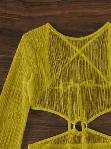 SHEIN Swim Summer Beach Ring Linked Bikini Set With Cover Up - Mustard Yellow - View 5