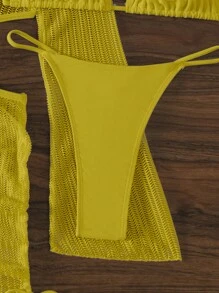 SHEIN Swim Summer Beach Ring Linked Bikini Set With Cover Up - Mustard Yellow - View 6