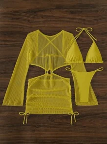 SHEIN Swim Summer Beach Ring Linked Bikini Set With Cover Up - Mustard Yellow - View 7
