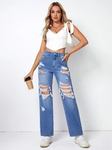 SHEIN Essnce 破洞直筒牛仔褲 - 中等水洗藍 - 查看 4